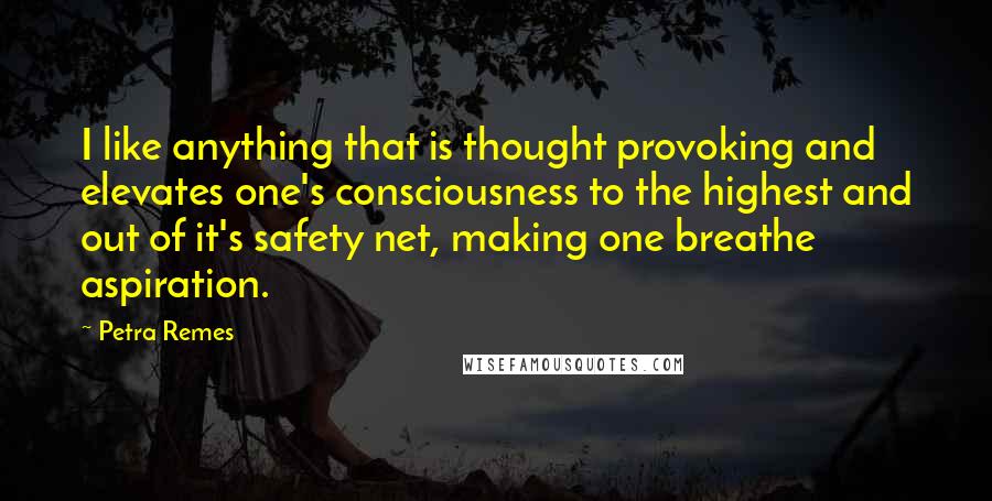 Petra Remes Quotes: I like anything that is thought provoking and elevates one's consciousness to the highest and out of it's safety net, making one breathe aspiration.