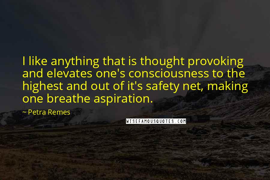 Petra Remes Quotes: I like anything that is thought provoking and elevates one's consciousness to the highest and out of it's safety net, making one breathe aspiration.