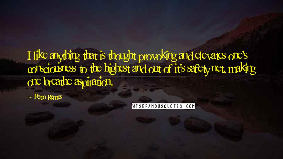 Petra Remes Quotes: I like anything that is thought provoking and elevates one's consciousness to the highest and out of it's safety net, making one breathe aspiration.