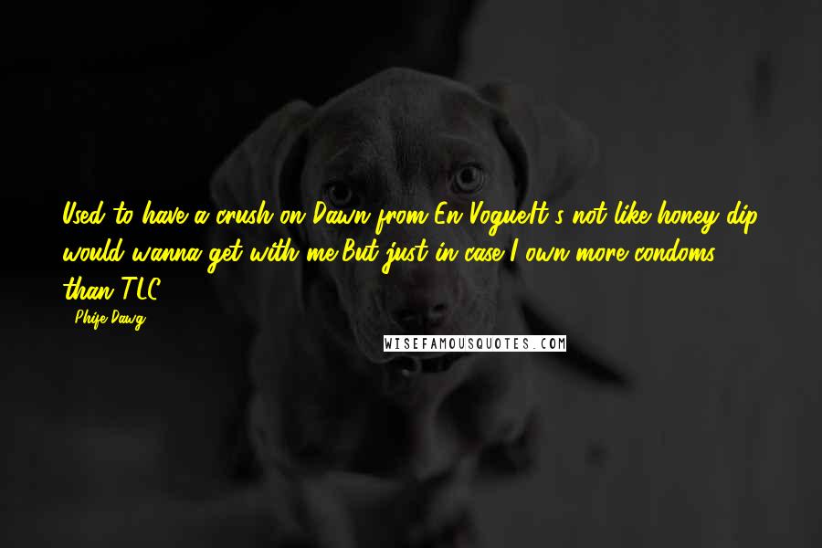 Phife Dawg Quotes: Used to have a crush on Dawn from En Vogue.It's not like honey dip would wanna get with me,But just in case I own more condoms than TLC.