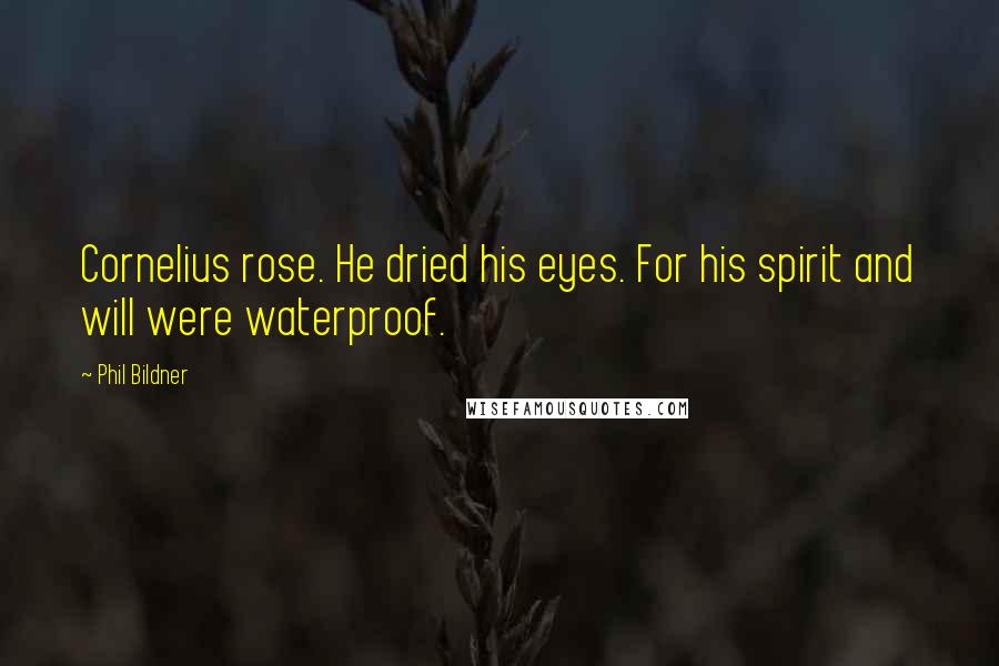Phil Bildner Quotes: Cornelius rose. He dried his eyes. For his spirit and will were waterproof.