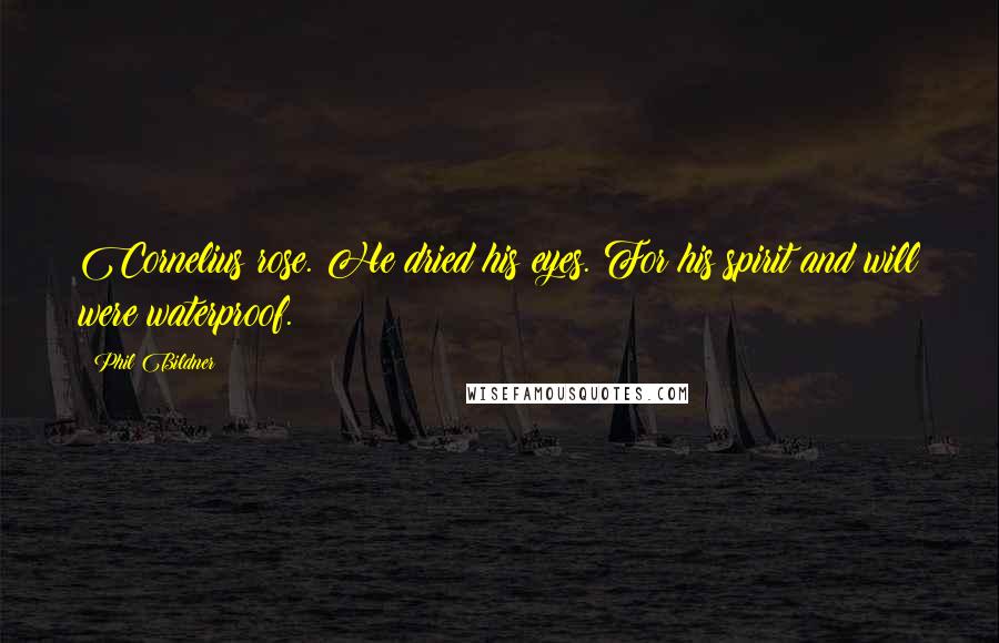 Phil Bildner Quotes: Cornelius rose. He dried his eyes. For his spirit and will were waterproof.