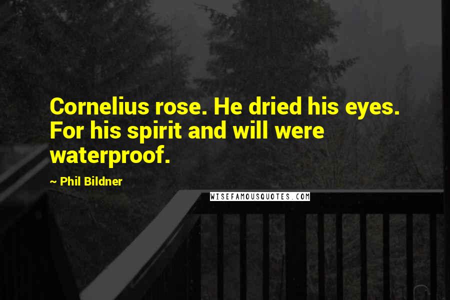 Phil Bildner Quotes: Cornelius rose. He dried his eyes. For his spirit and will were waterproof.