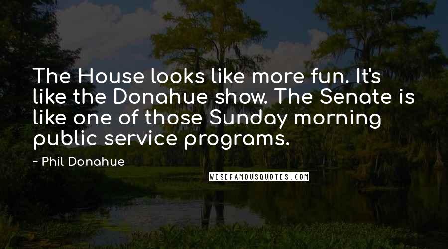 Phil Donahue Quotes: The House looks like more fun. It's like the Donahue show. The Senate is like one of those Sunday morning public service programs.