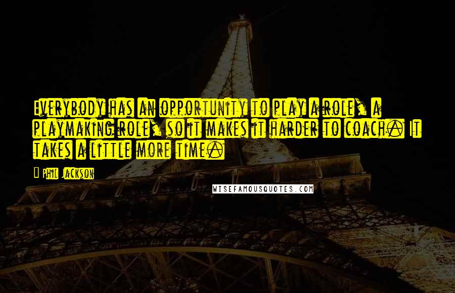 Phil Jackson Quotes: Everybody has an opportunity to play a role, a playmaking role, so it makes it harder to coach. It takes a little more time.