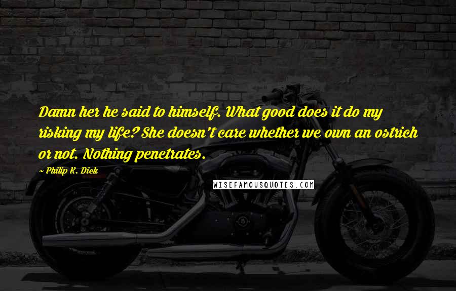 Philip K. Dick Quotes: Damn her he said to himself. What good does it do my risking my life? She doesn't care whether we own an ostrich or not. Nothing penetrates.