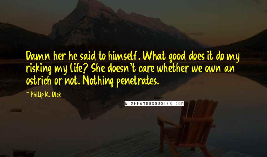 Philip K. Dick Quotes: Damn her he said to himself. What good does it do my risking my life? She doesn't care whether we own an ostrich or not. Nothing penetrates.