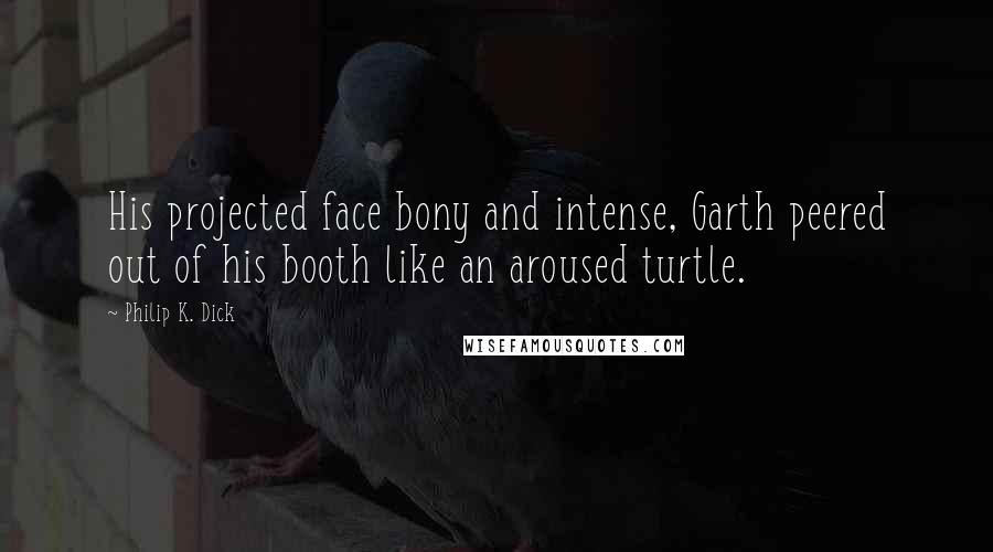 Philip K. Dick Quotes: His projected face bony and intense, Garth peered out of his booth like an aroused turtle.