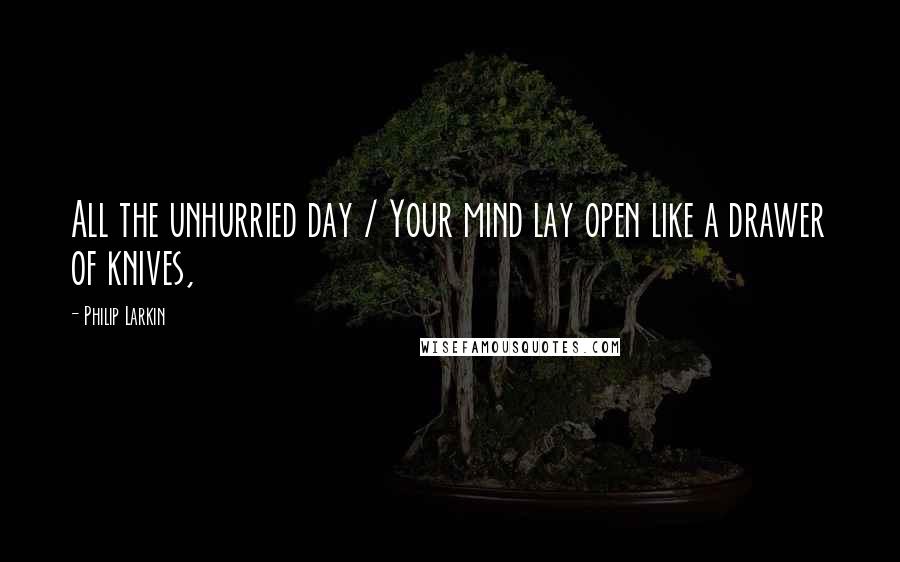 Philip Larkin Quotes: All the unhurried day / Your mind lay open like a drawer of knives,