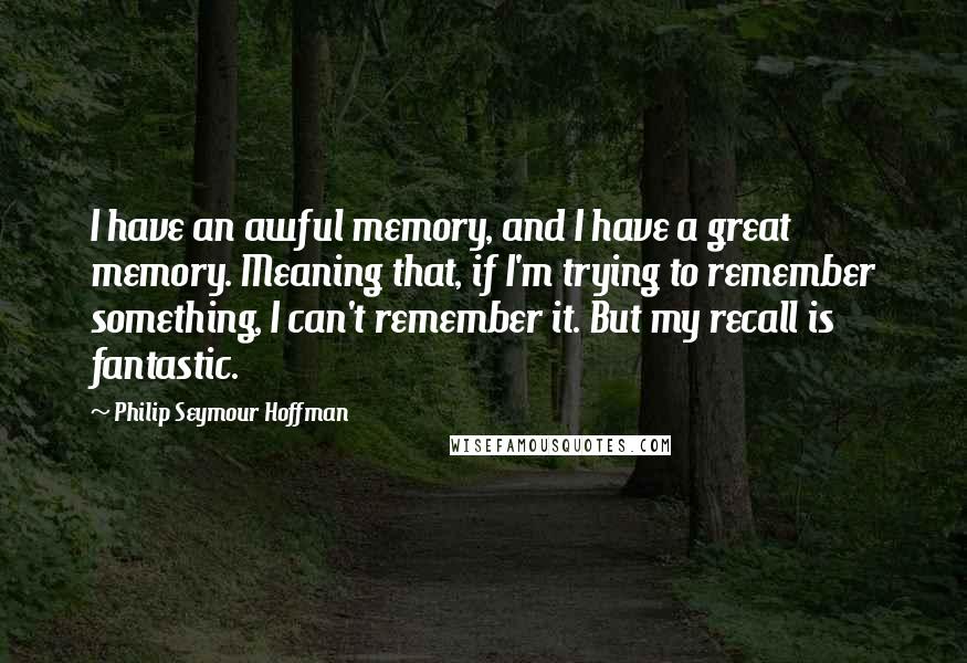 Philip Seymour Hoffman Quotes: I have an awful memory, and I have a great memory. Meaning that, if I'm trying to remember something, I can't remember it. But my recall is fantastic.