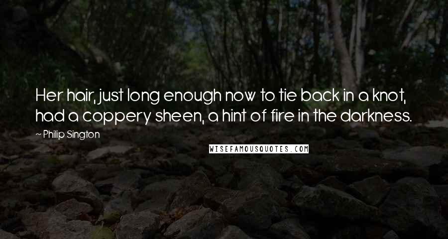 Philip Sington Quotes: Her hair, just long enough now to tie back in a knot, had a coppery sheen, a hint of fire in the darkness.