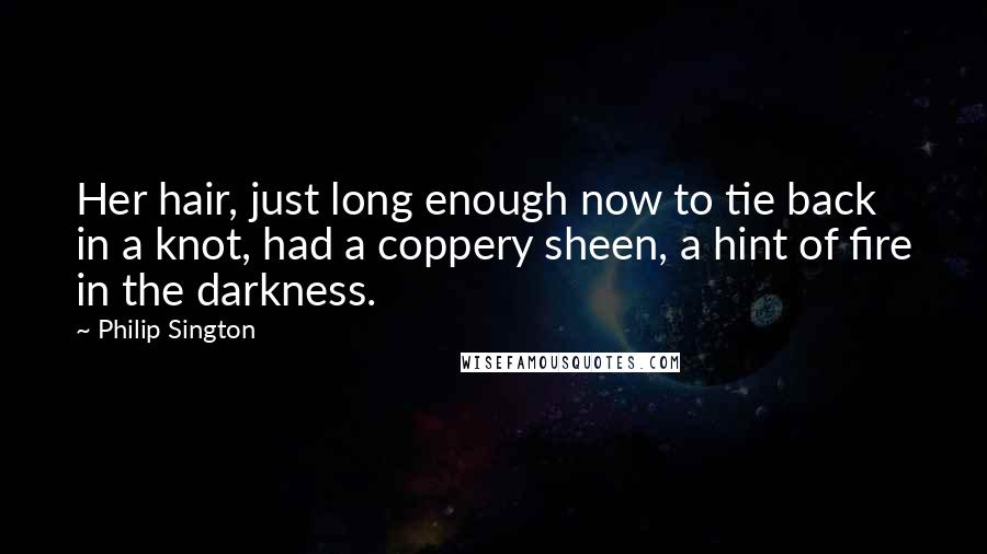 Philip Sington Quotes: Her hair, just long enough now to tie back in a knot, had a coppery sheen, a hint of fire in the darkness.