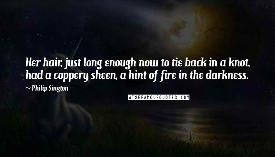 Philip Sington Quotes: Her hair, just long enough now to tie back in a knot, had a coppery sheen, a hint of fire in the darkness.