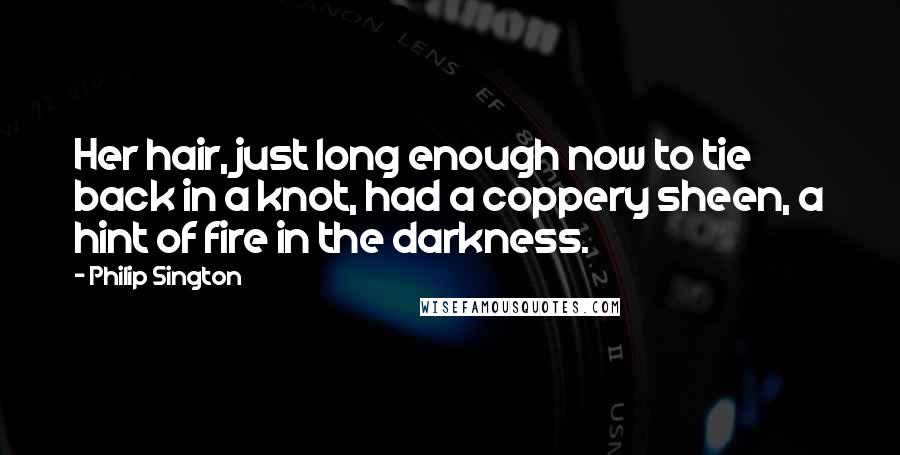 Philip Sington Quotes: Her hair, just long enough now to tie back in a knot, had a coppery sheen, a hint of fire in the darkness.