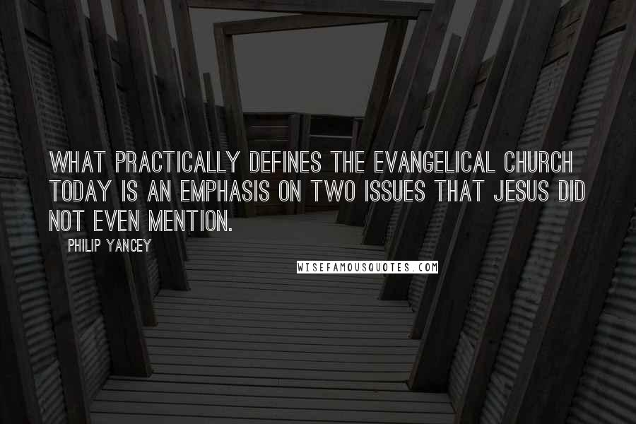 Philip Yancey Quotes: What practically defines the evangelical church today is an emphasis on two issues that Jesus did not even mention.