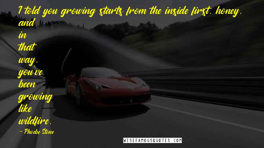 Phoebe Stone Quotes: I told you growing starts from the inside first, honey, and in that way, you've been growing like wildfire.