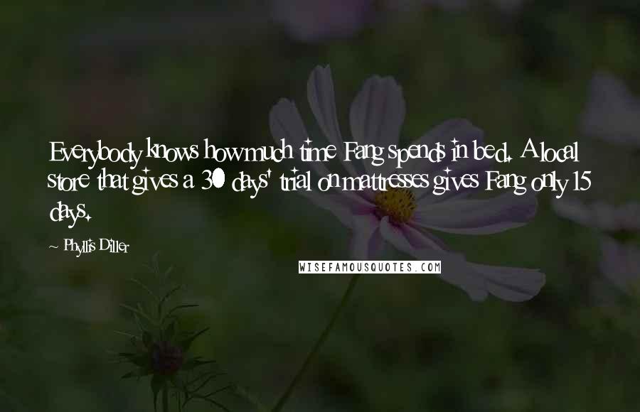 Phyllis Diller Quotes: Everybody knows how much time Fang spends in bed. A local store that gives a 30 days' trial on mattresses gives Fang only 15 days.