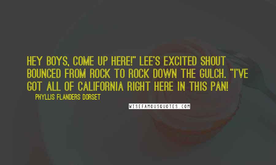 Phyllis Flanders Dorset Quotes: Hey boys, come up here!" Lee's excited shout bounced from rock to rock down the gulch. "I've got all of California right here in this pan!