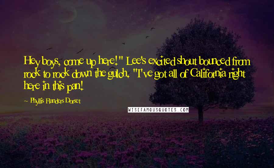 Phyllis Flanders Dorset Quotes: Hey boys, come up here!" Lee's excited shout bounced from rock to rock down the gulch. "I've got all of California right here in this pan!