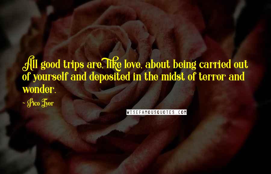 Pico Iyer Quotes: All good trips are, like love, about being carried out of yourself and deposited in the midst of terror and wonder.