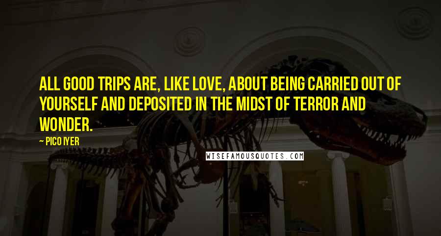 Pico Iyer Quotes: All good trips are, like love, about being carried out of yourself and deposited in the midst of terror and wonder.