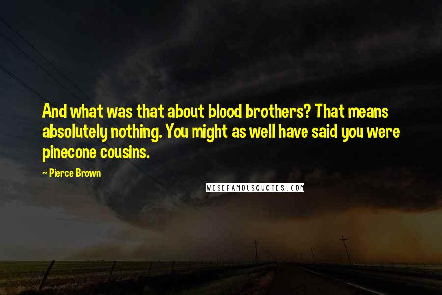 Pierce Brown Quotes: And what was that about blood brothers? That means absolutely nothing. You might as well have said you were pinecone cousins.