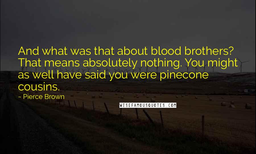 Pierce Brown Quotes: And what was that about blood brothers? That means absolutely nothing. You might as well have said you were pinecone cousins.