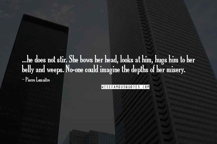 Pierre Lemaitre Quotes: ...he does not stir. She bows her head, looks at him, hugs him to her belly and weeps. No-one could imagine the depths of her misery.