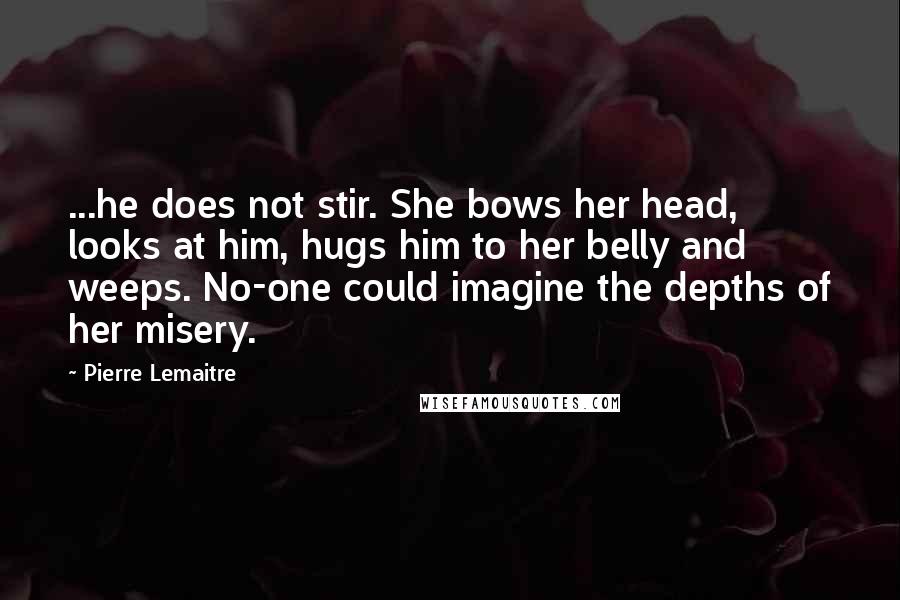 Pierre Lemaitre Quotes: ...he does not stir. She bows her head, looks at him, hugs him to her belly and weeps. No-one could imagine the depths of her misery.