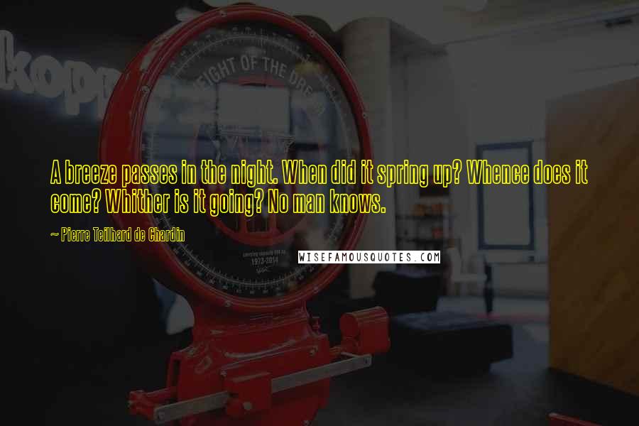 Pierre Teilhard De Chardin Quotes: A breeze passes in the night. When did it spring up? Whence does it come? Whither is it going? No man knows.