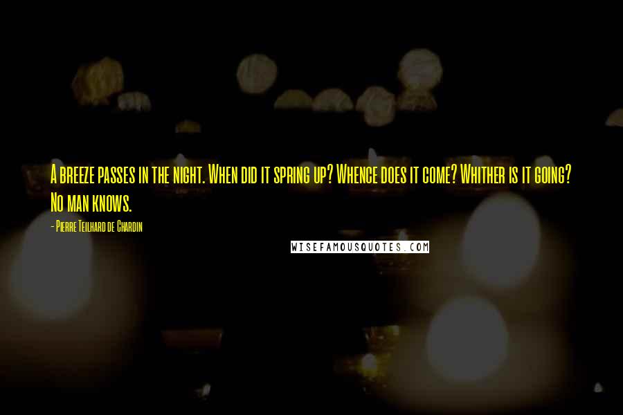 Pierre Teilhard De Chardin Quotes: A breeze passes in the night. When did it spring up? Whence does it come? Whither is it going? No man knows.