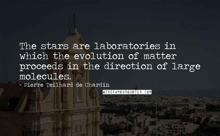 Pierre Teilhard De Chardin Quotes: The stars are laboratories in which the evolution of matter proceeds in the direction of large molecules.