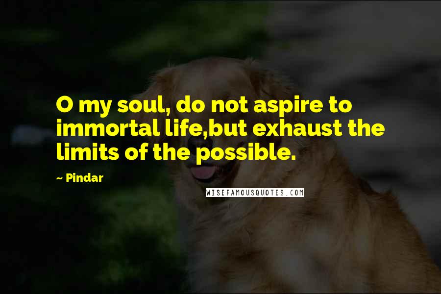 Pindar Quotes: O my soul, do not aspire to immortal life,but exhaust the limits of the possible.