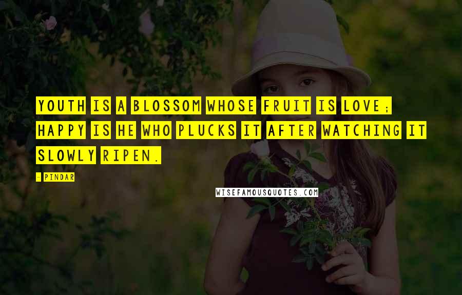 Pindar Quotes: Youth is a blossom whose fruit is love; happy is he who plucks it after watching it slowly ripen.