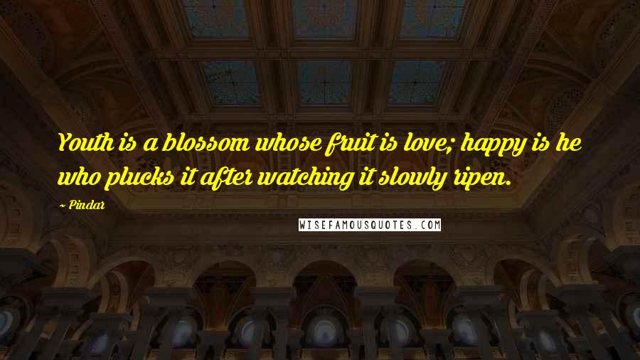 Pindar Quotes: Youth is a blossom whose fruit is love; happy is he who plucks it after watching it slowly ripen.