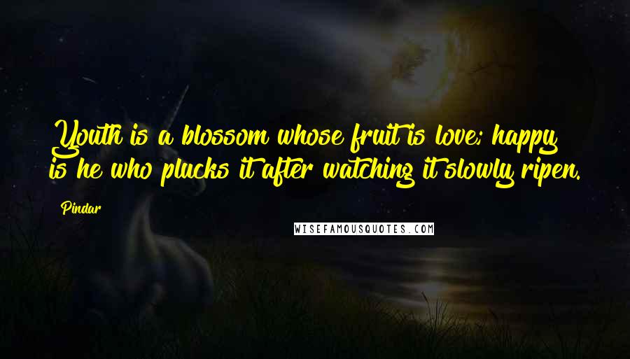 Pindar Quotes: Youth is a blossom whose fruit is love; happy is he who plucks it after watching it slowly ripen.