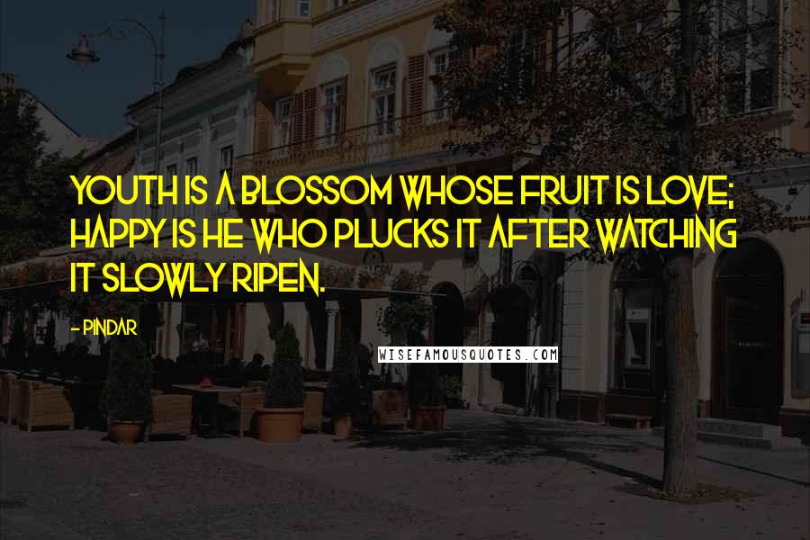 Pindar Quotes: Youth is a blossom whose fruit is love; happy is he who plucks it after watching it slowly ripen.