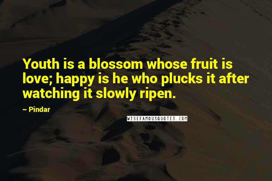 Pindar Quotes: Youth is a blossom whose fruit is love; happy is he who plucks it after watching it slowly ripen.