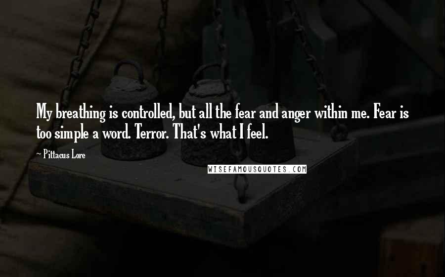 Pittacus Lore Quotes: My breathing is controlled, but all the fear and anger within me. Fear is too simple a word. Terror. That's what I feel.