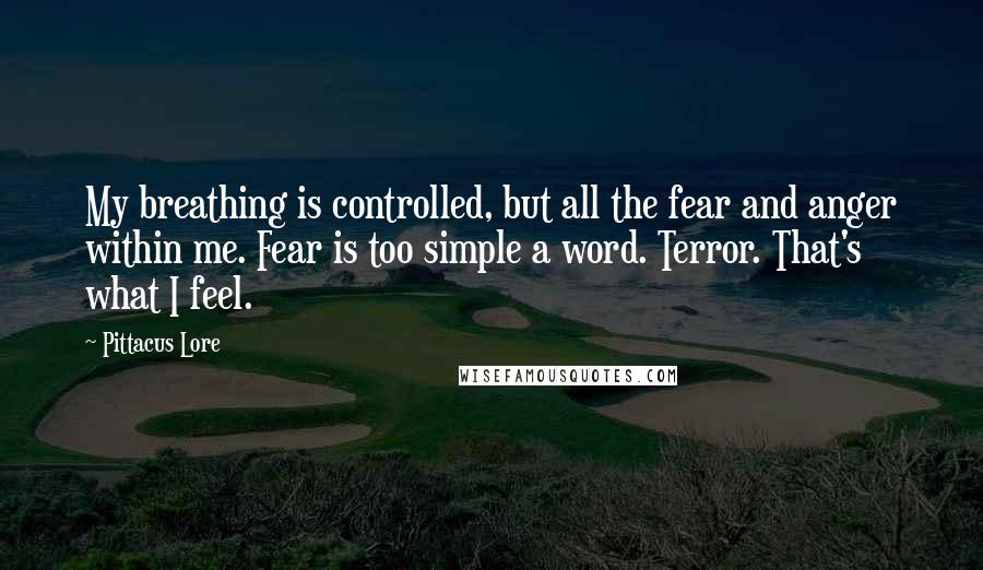 Pittacus Lore Quotes: My breathing is controlled, but all the fear and anger within me. Fear is too simple a word. Terror. That's what I feel.