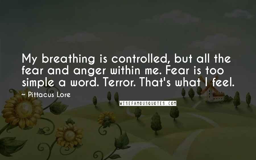 Pittacus Lore Quotes: My breathing is controlled, but all the fear and anger within me. Fear is too simple a word. Terror. That's what I feel.