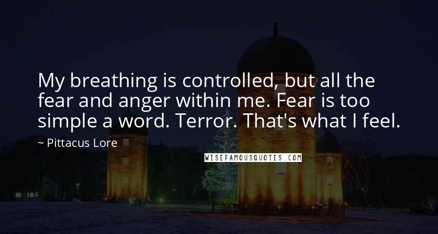 Pittacus Lore Quotes: My breathing is controlled, but all the fear and anger within me. Fear is too simple a word. Terror. That's what I feel.