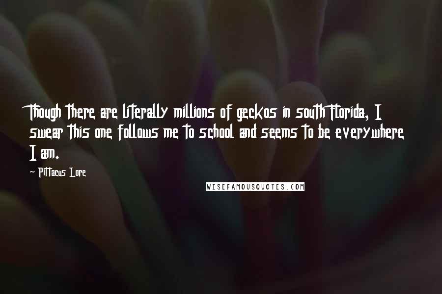 Pittacus Lore Quotes: Though there are literally millions of geckos in south Florida, I swear this one follows me to school and seems to be everywhere I am.