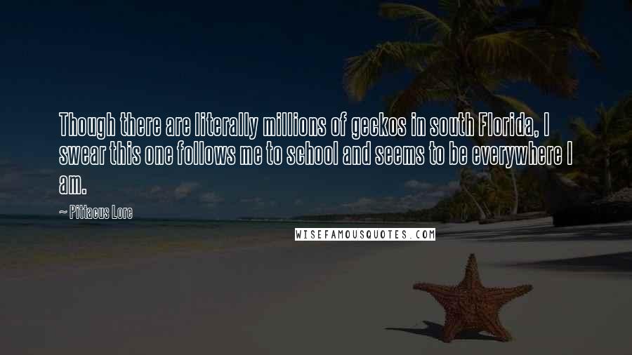 Pittacus Lore Quotes: Though there are literally millions of geckos in south Florida, I swear this one follows me to school and seems to be everywhere I am.