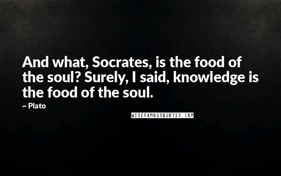 Plato Quotes: And what, Socrates, is the food of the soul? Surely, I said, knowledge is the food of the soul.