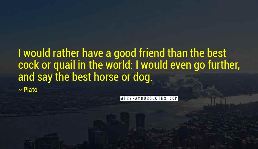 Plato Quotes: I would rather have a good friend than the best cock or quail in the world: I would even go further, and say the best horse or dog.