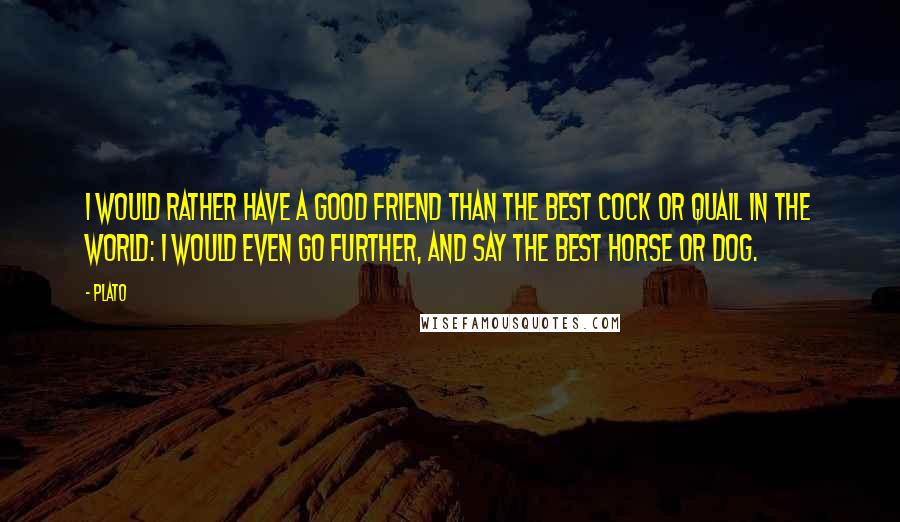 Plato Quotes: I would rather have a good friend than the best cock or quail in the world: I would even go further, and say the best horse or dog.