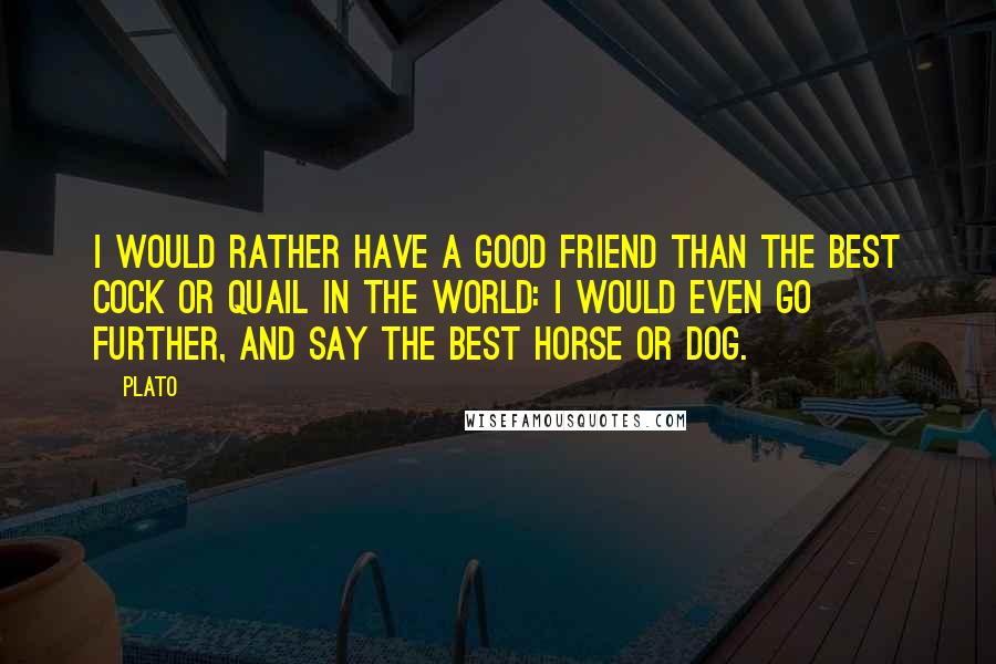 Plato Quotes: I would rather have a good friend than the best cock or quail in the world: I would even go further, and say the best horse or dog.