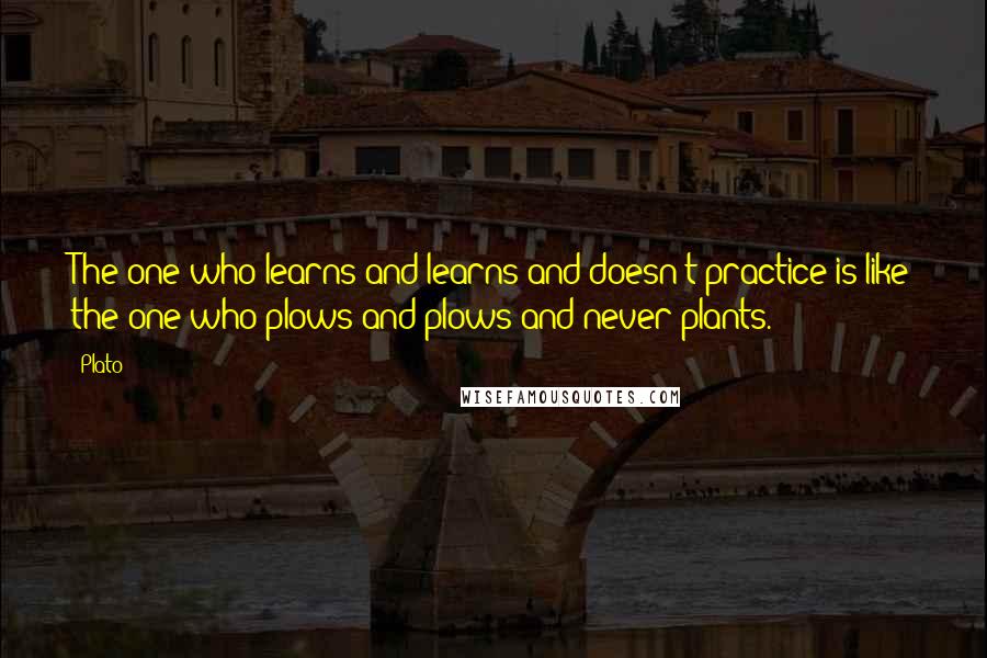 Plato Quotes: The one who learns and learns and doesn't practice is like the one who plows and plows and never plants.