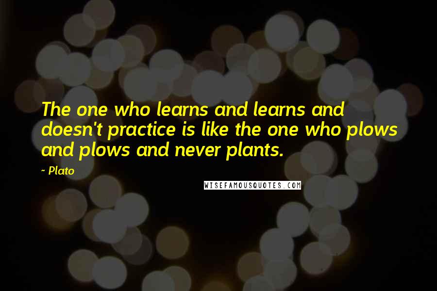 Plato Quotes: The one who learns and learns and doesn't practice is like the one who plows and plows and never plants.